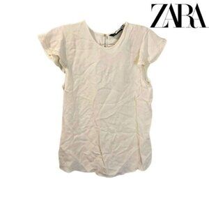 ZARA Womens Frilled‎ Ruffle Sleeve White Basic Top